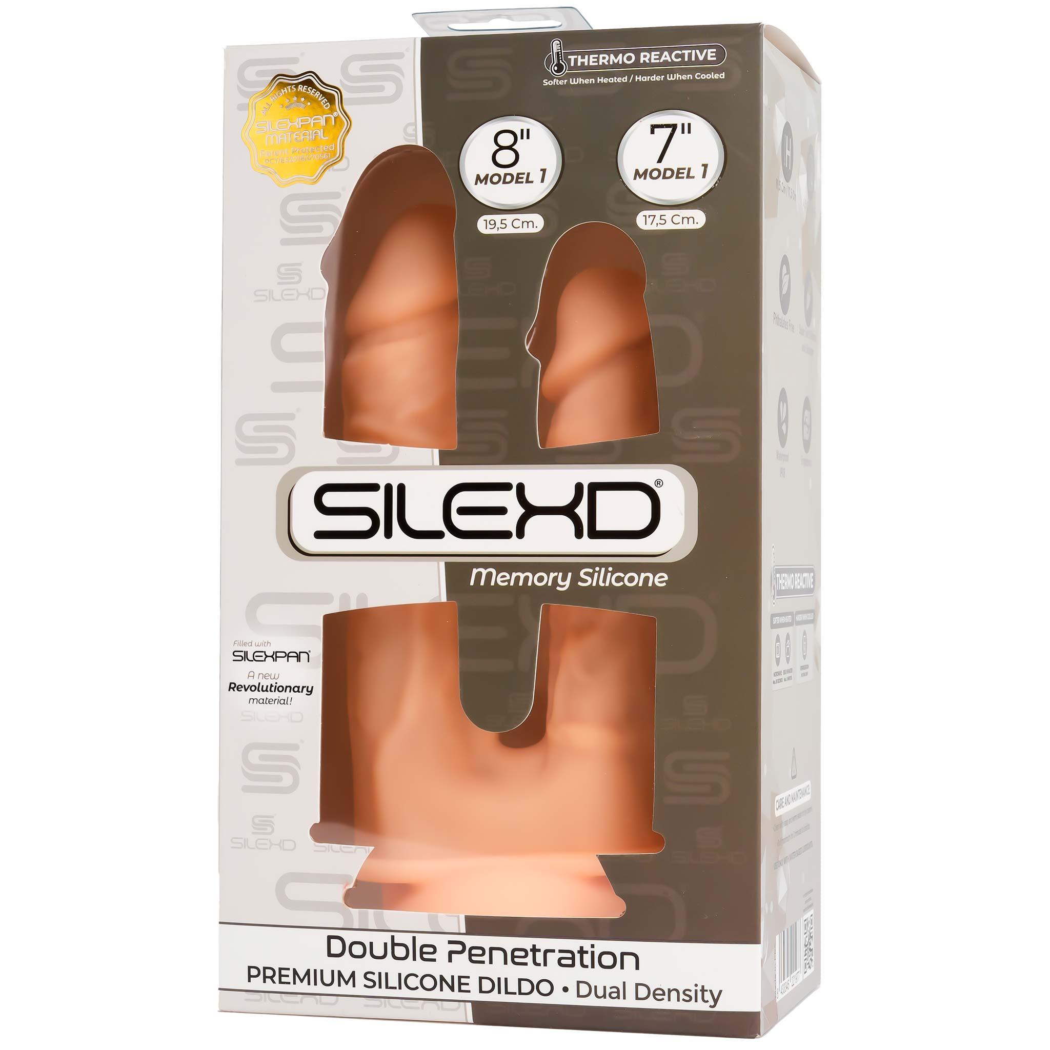 SILEXD Premium Silicone Dildo Model 1 Double Penetration (No Motor), 17,5 & 19,5 cm, Light skin