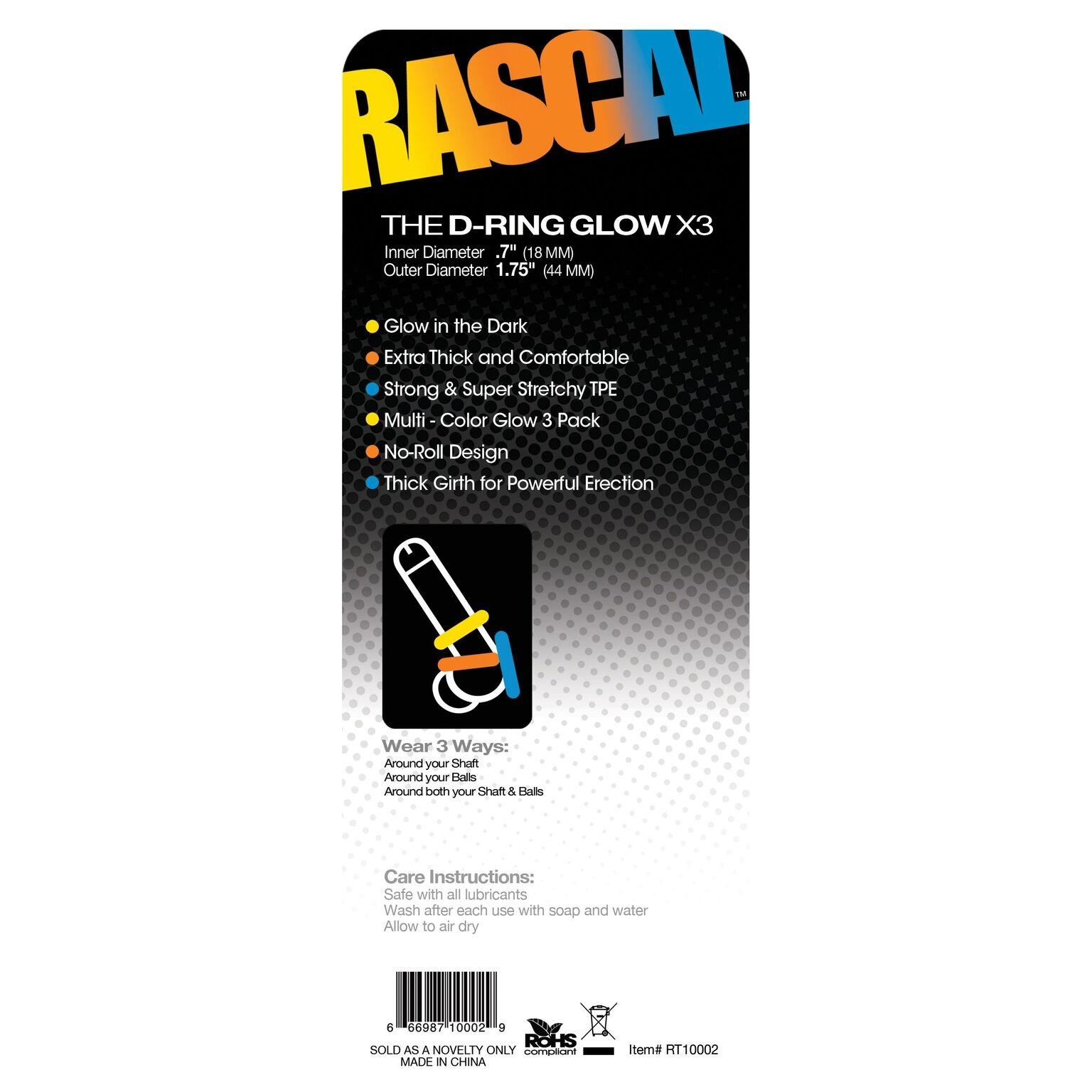 Rascal The D-Ring Glow X3, 3 Donut Cockrings, Multicolors, OS