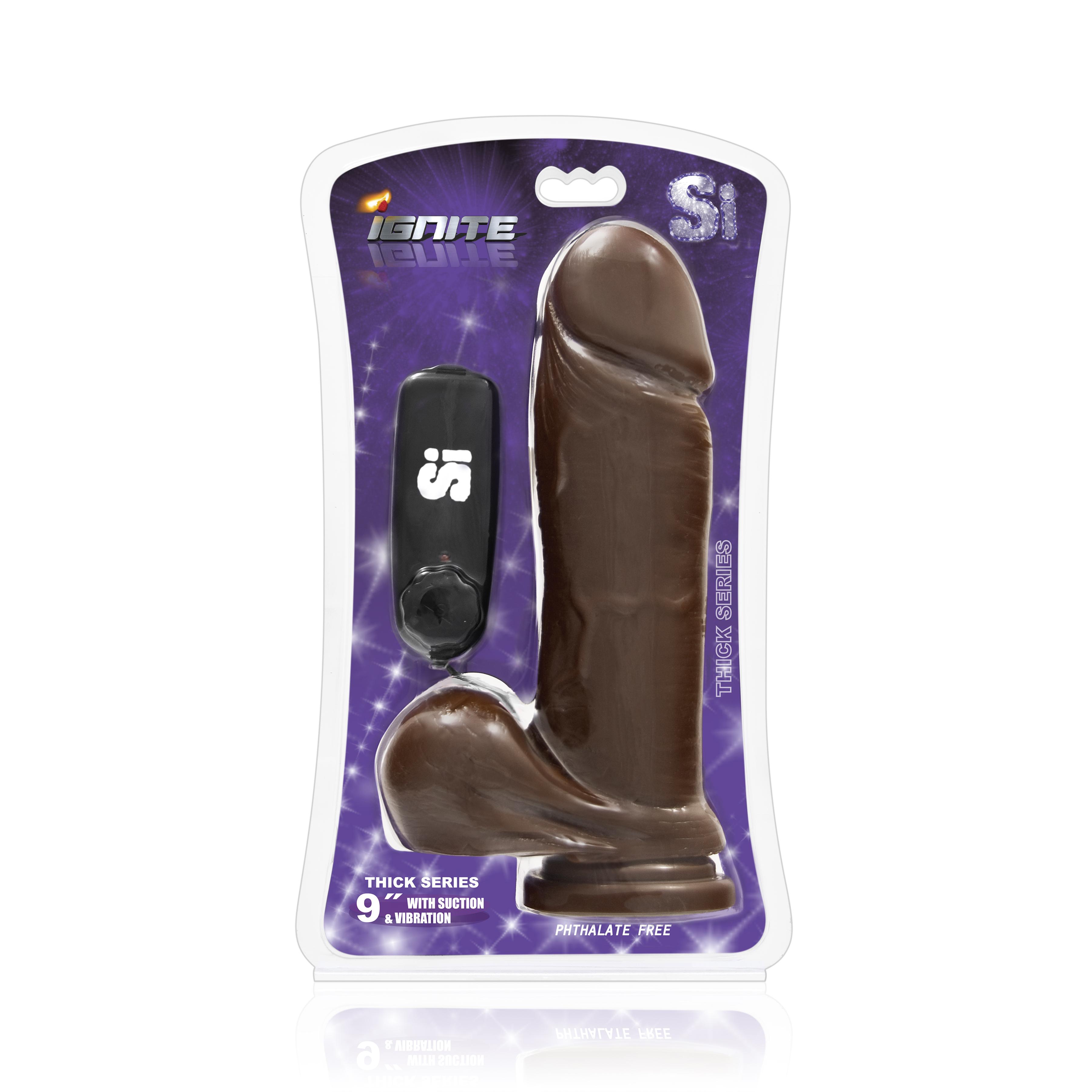 SI IGNITE Vibrating Thick Cock with Balls and Suction, Brown, 23 cm