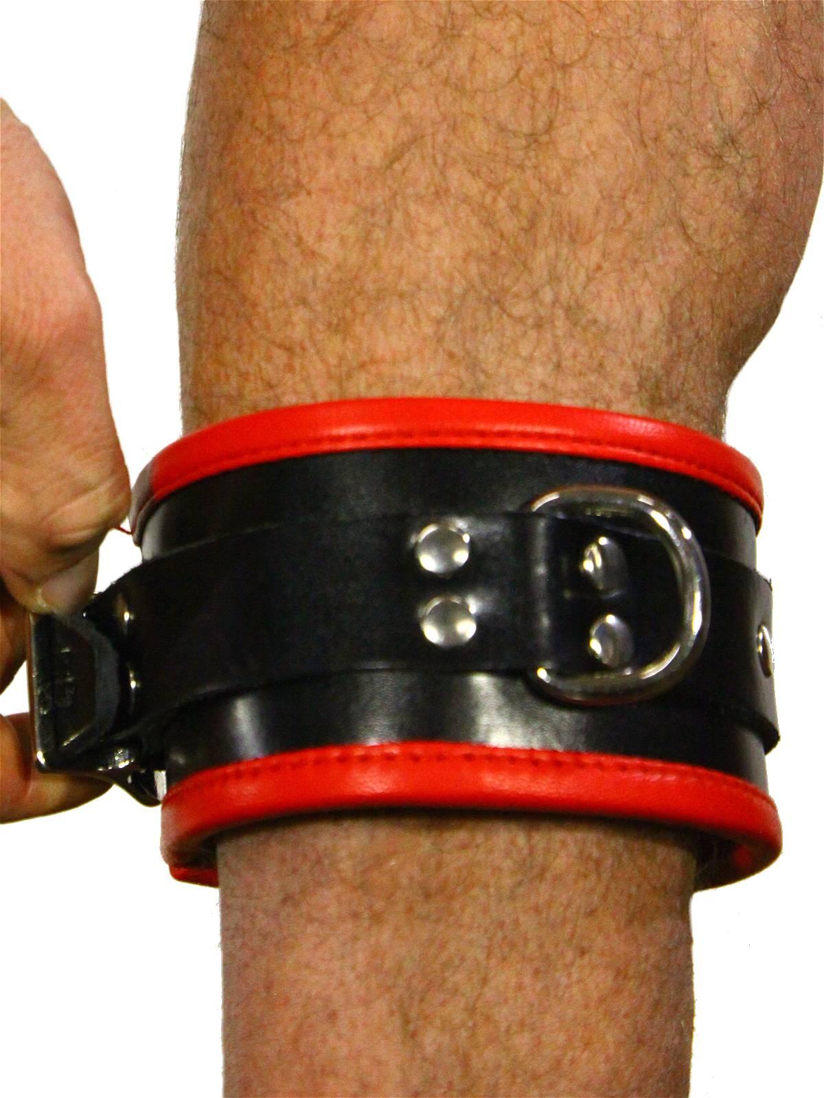 RudeRider Ankle Cuffs with Padding Leather Black/Red (Set of 2) One Size