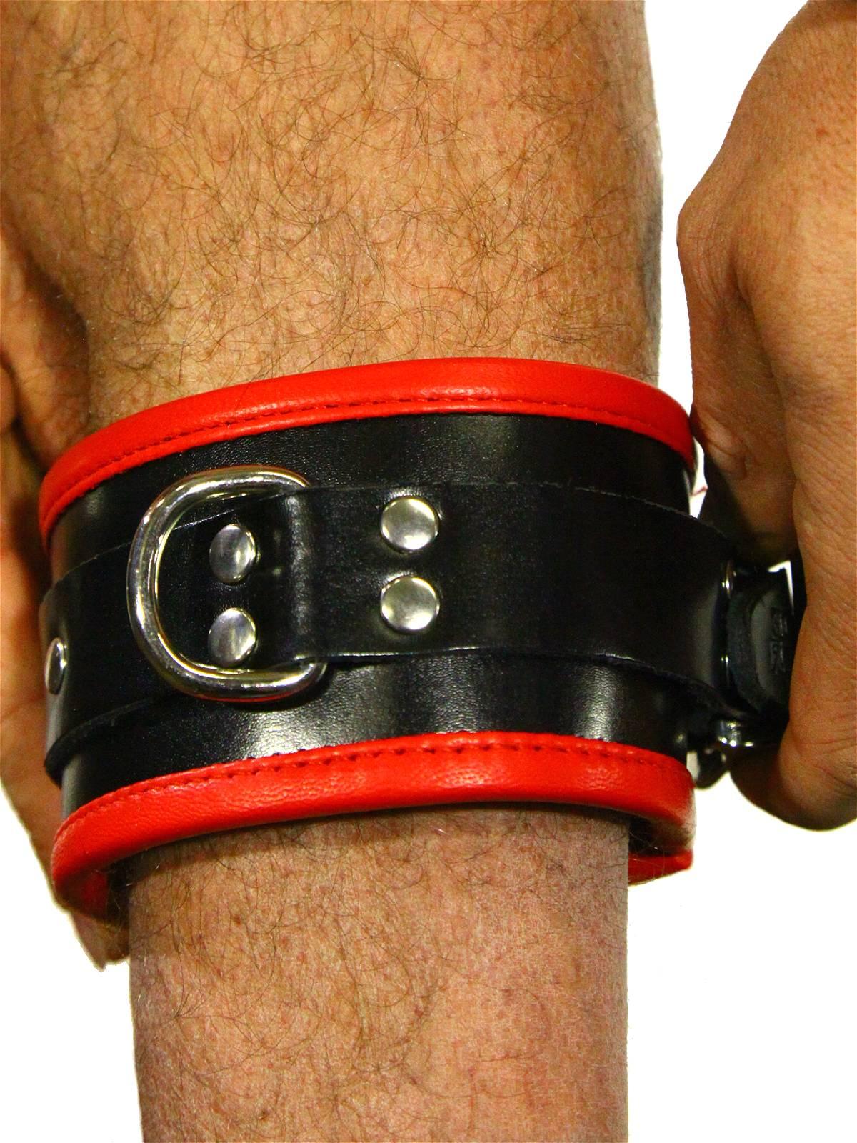 RudeRider Ankle Cuffs with Padding Leather Black/Red (Set of 2) One Size