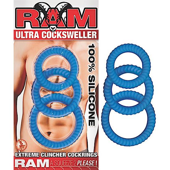 RAM ULTRA COCKSWELLER, 3 Silicone Cockrings, blue