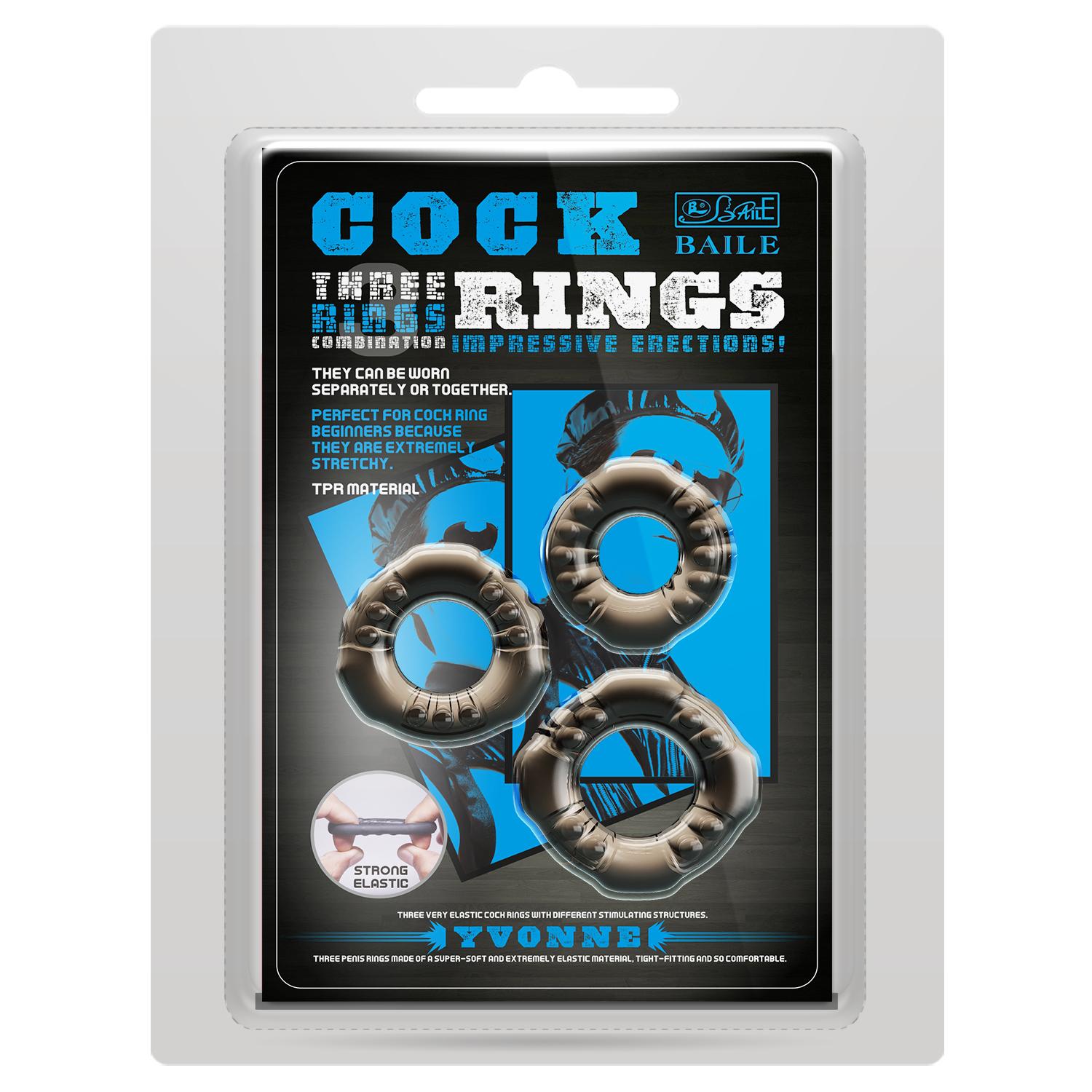 BAILE - Cock Ring, COMBO RING SET, 3 different size of Rings in one, TPR material 38,39,44